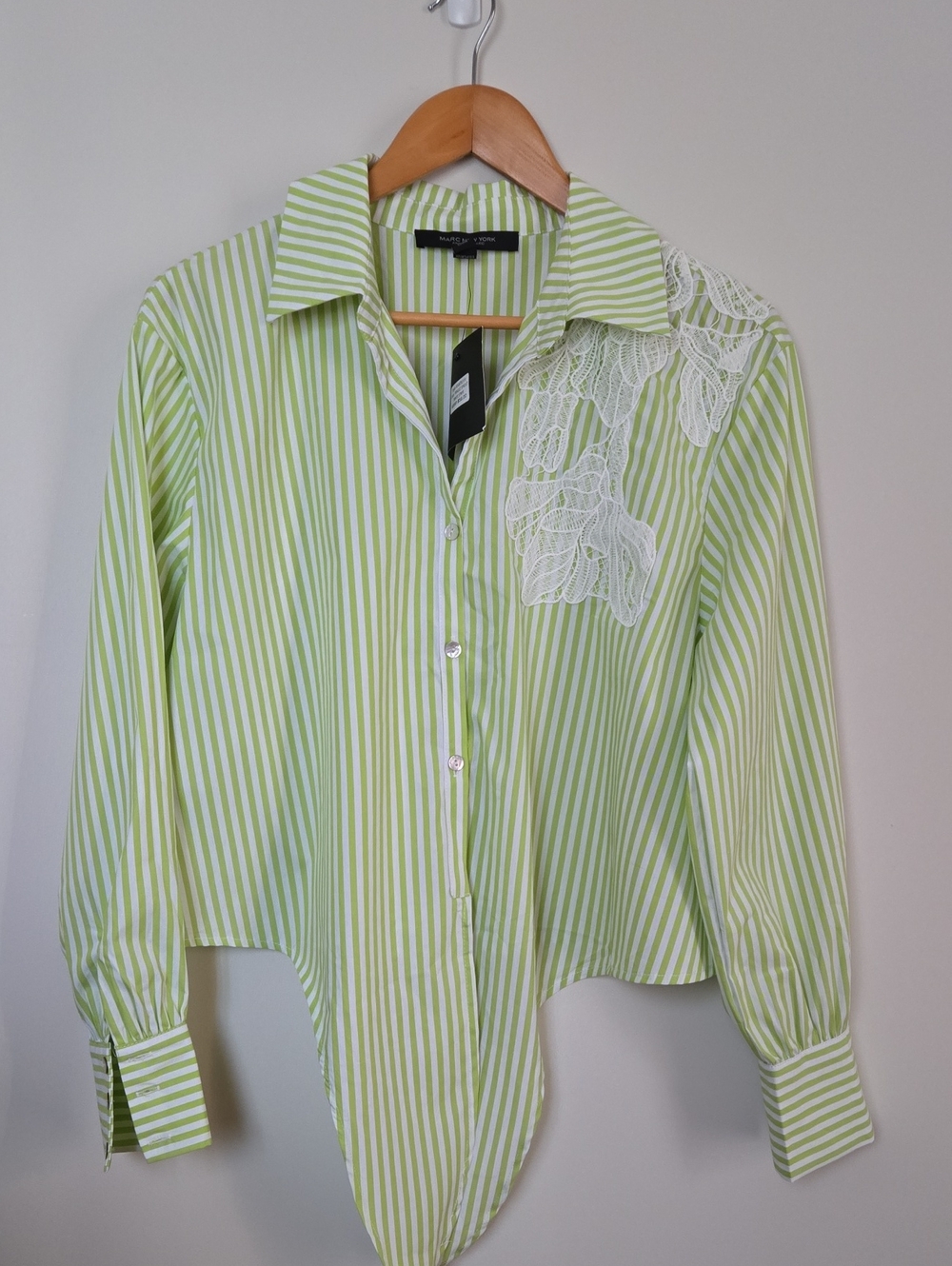 Women’s Striped Lime Blouse with White Lace Shoulder Detail